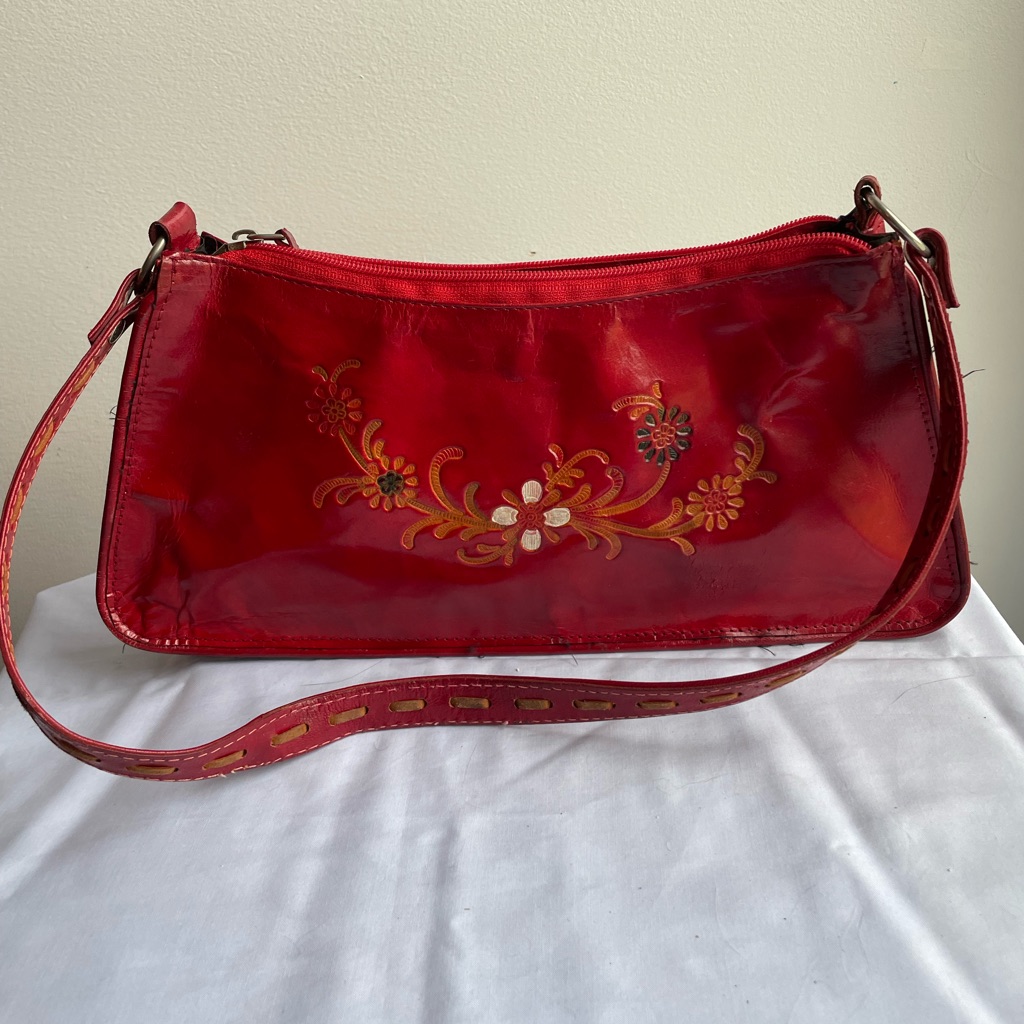 Red Leather Embossed Shoulder Bag Western Real Leather Floral Patterned